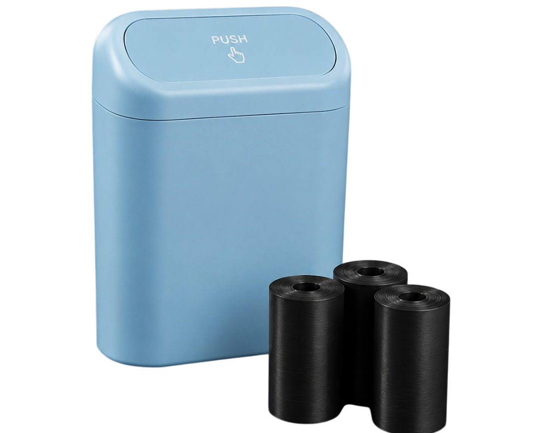 Poubelle de voiture bleu avec couvercle à ouverture push et trois rouleaux de sacs poubelle