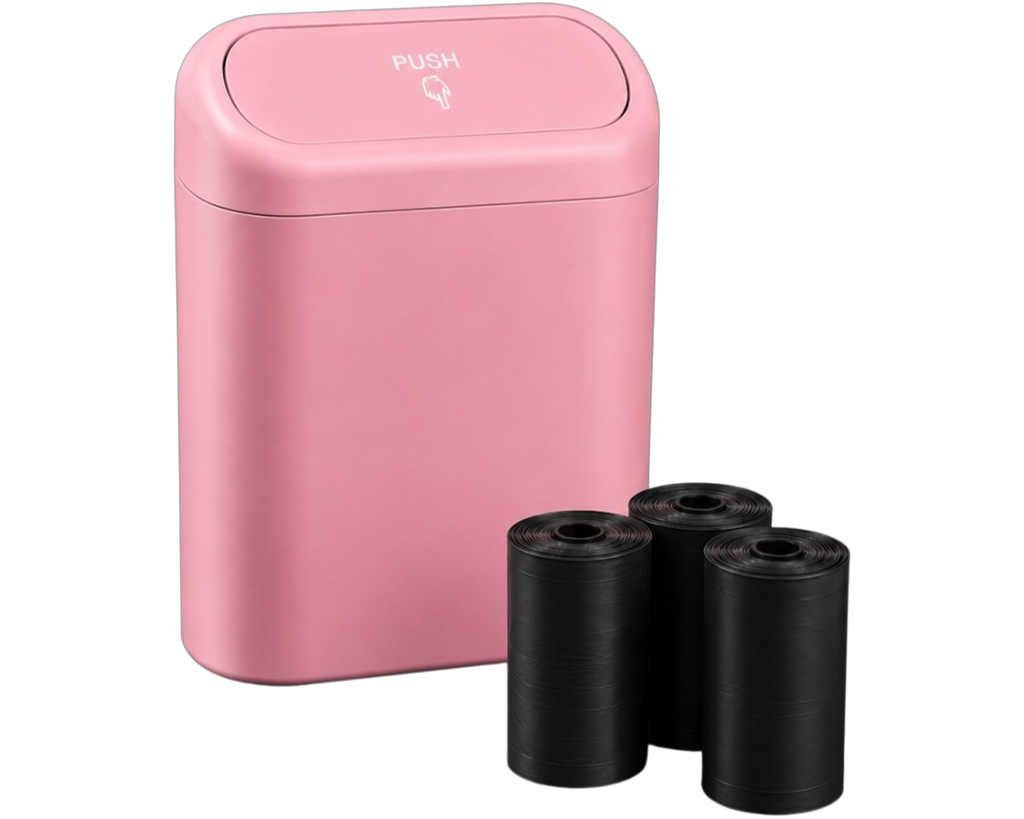 Poubelle de voiture rose avec couvercle à ouverture push et trois rouleaux de sacs poubelle