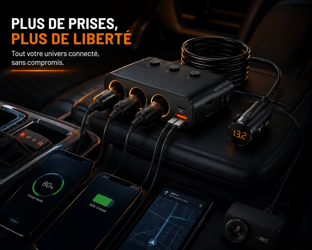 Répartiteur allume-cigare USB-C 128W avec trois prises, ports USB et écran LED