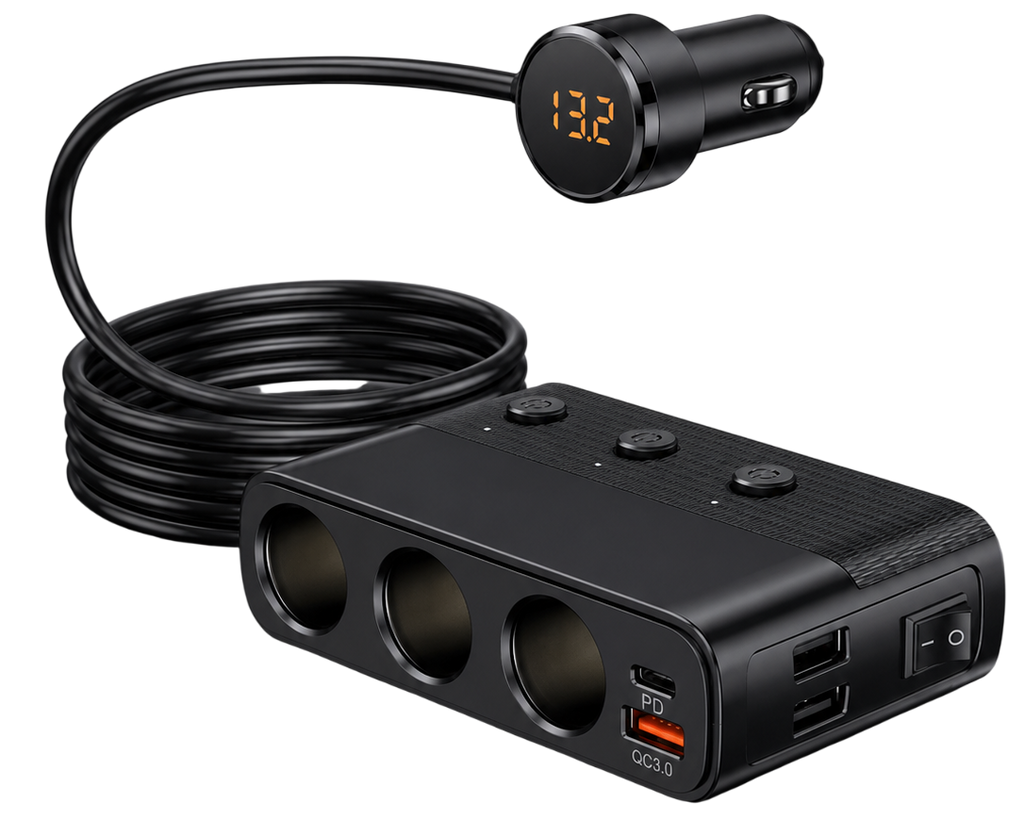 Répartiteur allume-cigare USB-C avec câble long, trois prises allume-cigare et ports USB pour voiture.