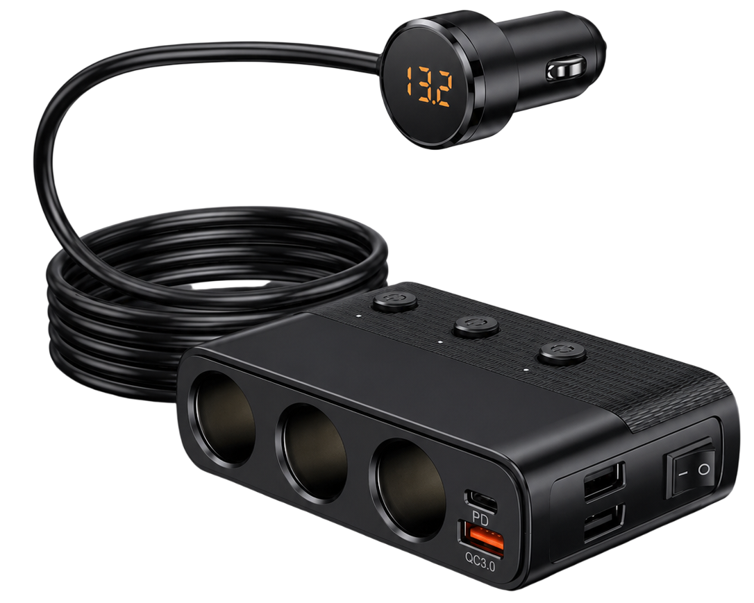 Répartiteur allume-cigare USB-C avec câble long, trois prises allume-cigare et ports USB pour voiture.