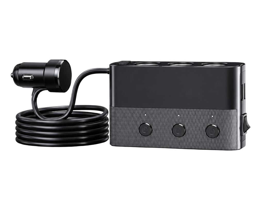 Répartiteur allume-cigare USB-C avec câble long, trois prises allume-cigare et ports USB pour voiture.