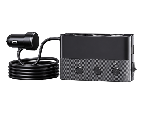 Répartiteur allume-cigare USB-C avec câble long, trois prises allume-cigare et ports USB pour voiture.