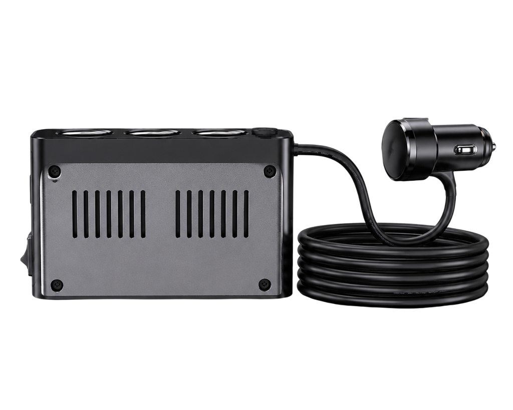 Répartiteur allume-cigare USB-C avec câble long, trois prises allume-cigare et ports USB pour voiture.