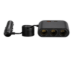 Répartiteur allume-cigare USB-C avec câble long, trois prises allume-cigare et ports USB pour voiture.