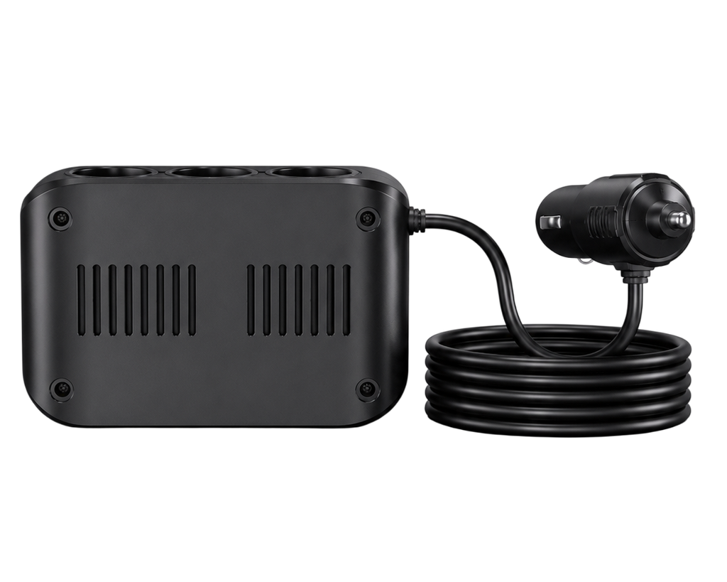Répartiteur allume-cigare USB-C avec câble long, trois prises allume-cigare et ports USB pour voiture.