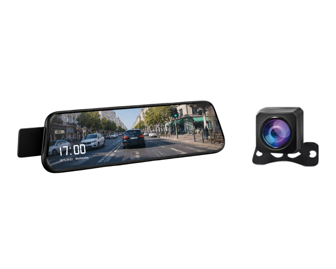 Rétroviseur dashcam Full HD 1080P avec double caméra avant et arrière, écran tactile 10 pouces et vision nocturne pour voiture.