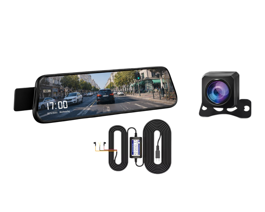 Rétroviseur dashcam Full HD 1080P avec double caméra avant et arrière, écran tactile 10 pouces et vision nocturne pour voiture.