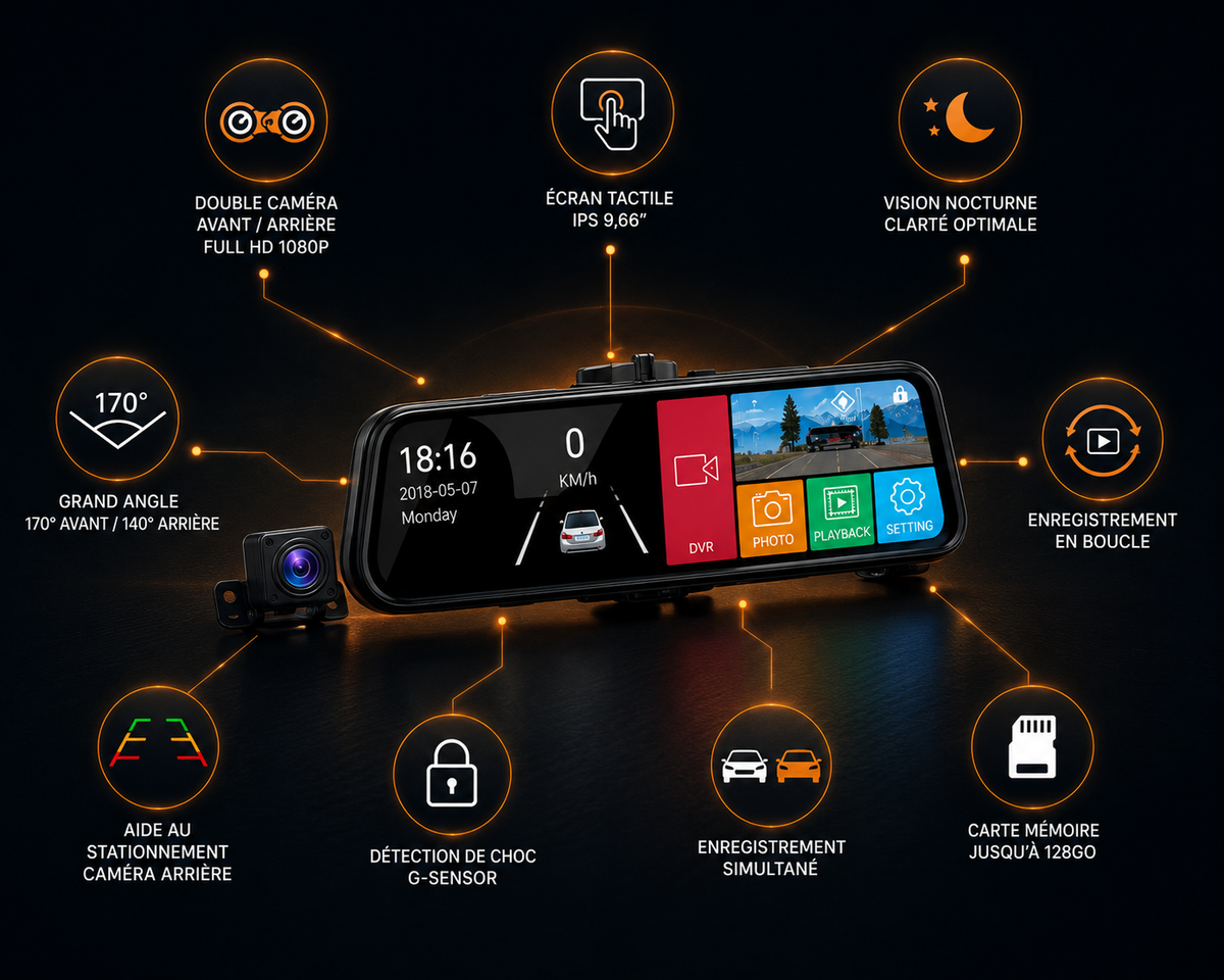 Rétroviseur caméra pour voiture avec écran tactile Full HD 