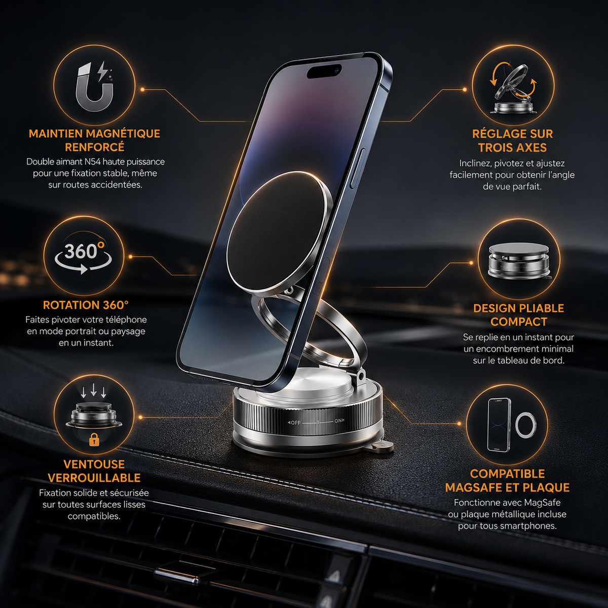 Support telephone magnetique a ventouse installe sur tableau de bord avec smartphone maintenu en position verticale.