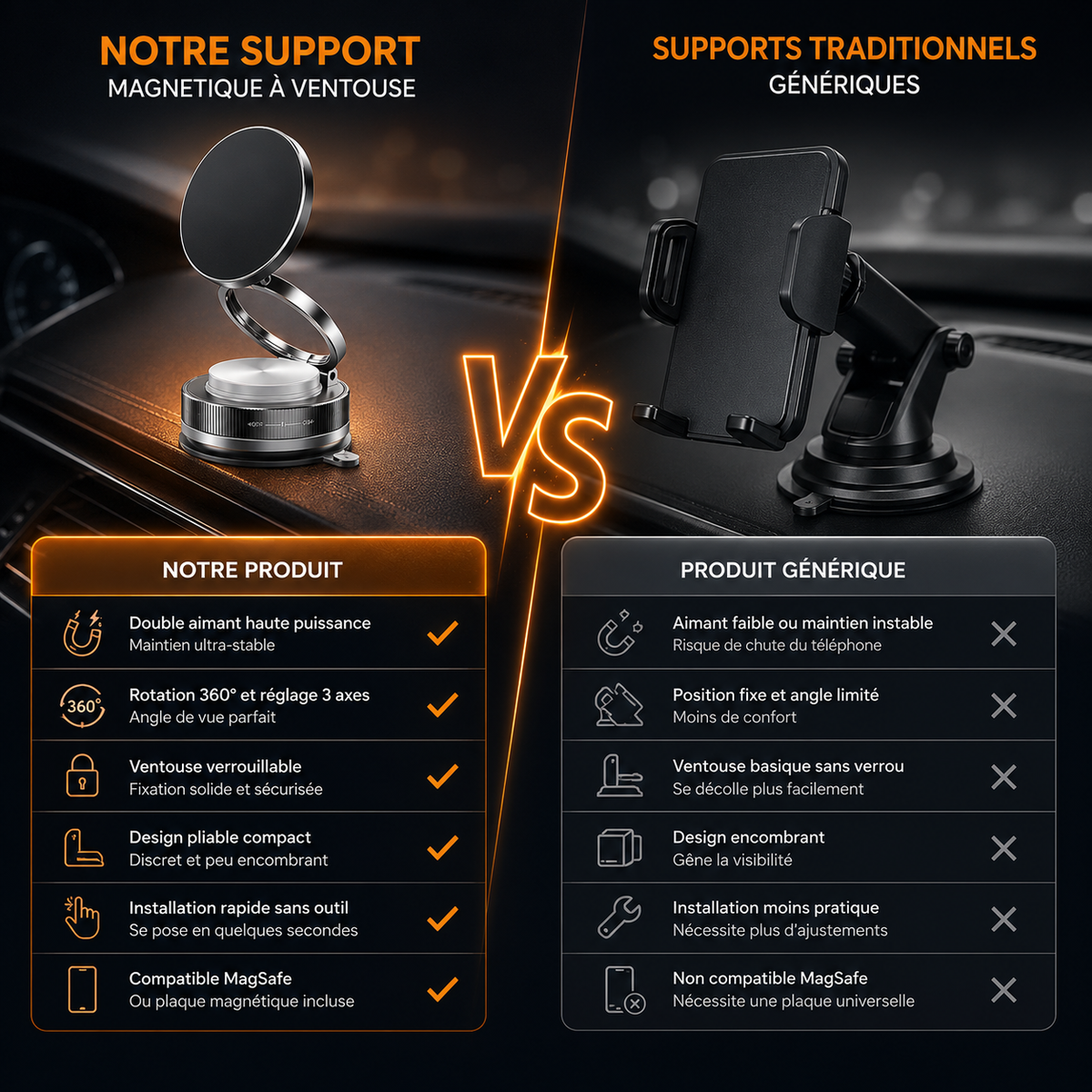 Support telephone magnetique a ventouse installe sur tableau de bord avec smartphone maintenu en position verticale.