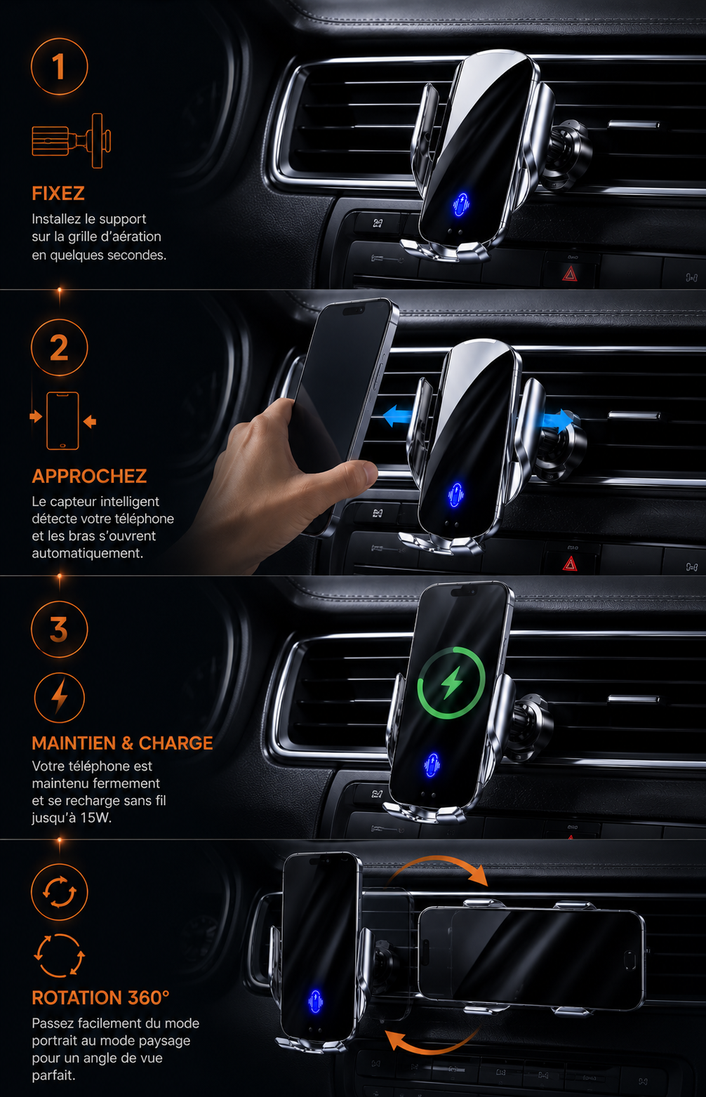 Support téléphone voiture avec charge sans fil 15W fixé sur une grille d'aération dans un habitacle automobile moderne.