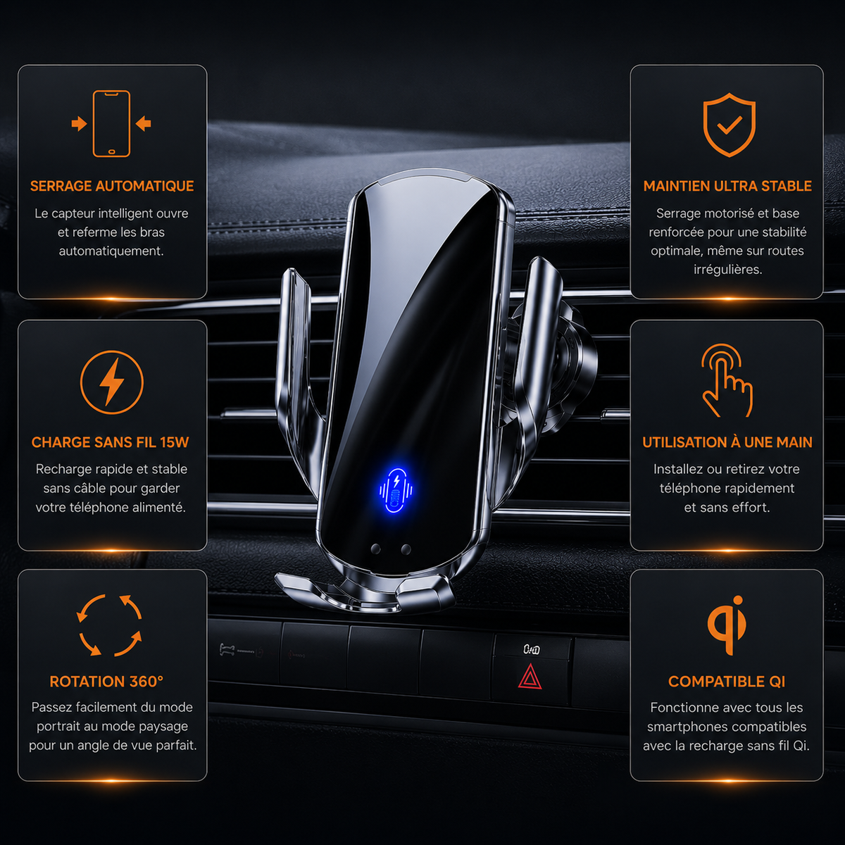 Support téléphone voiture avec charge sans fil 15W fixé sur une grille d'aération dans un habitacle automobile moderne.