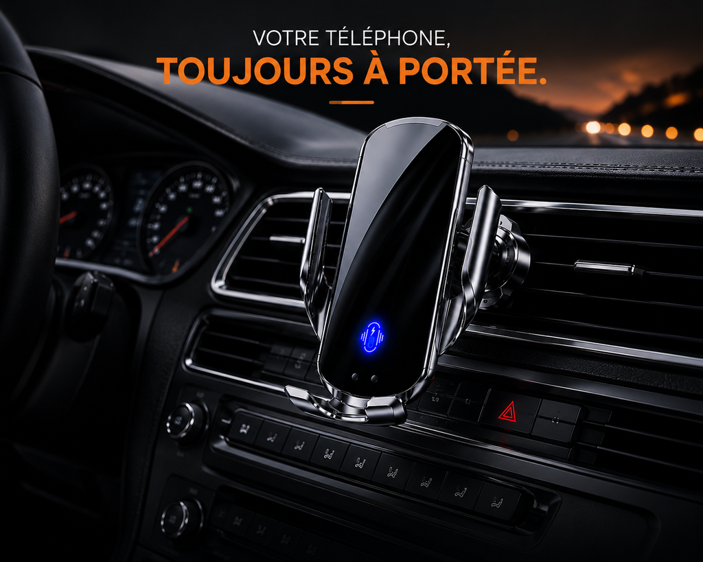 Support téléphone voiture avec charge sans fil 15W fixé sur une grille d'aération dans un habitacle automobile moderne.