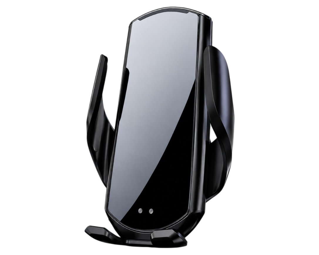 Support téléphone voiture à recharge sans fil 15W avec smartphone en charge rapide et maintien automatique sécurisé.