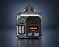 Transmetteur FM Bluetooth 5.1 avec charge rapide PD 20W présenté sur fond studio bleu nuit.