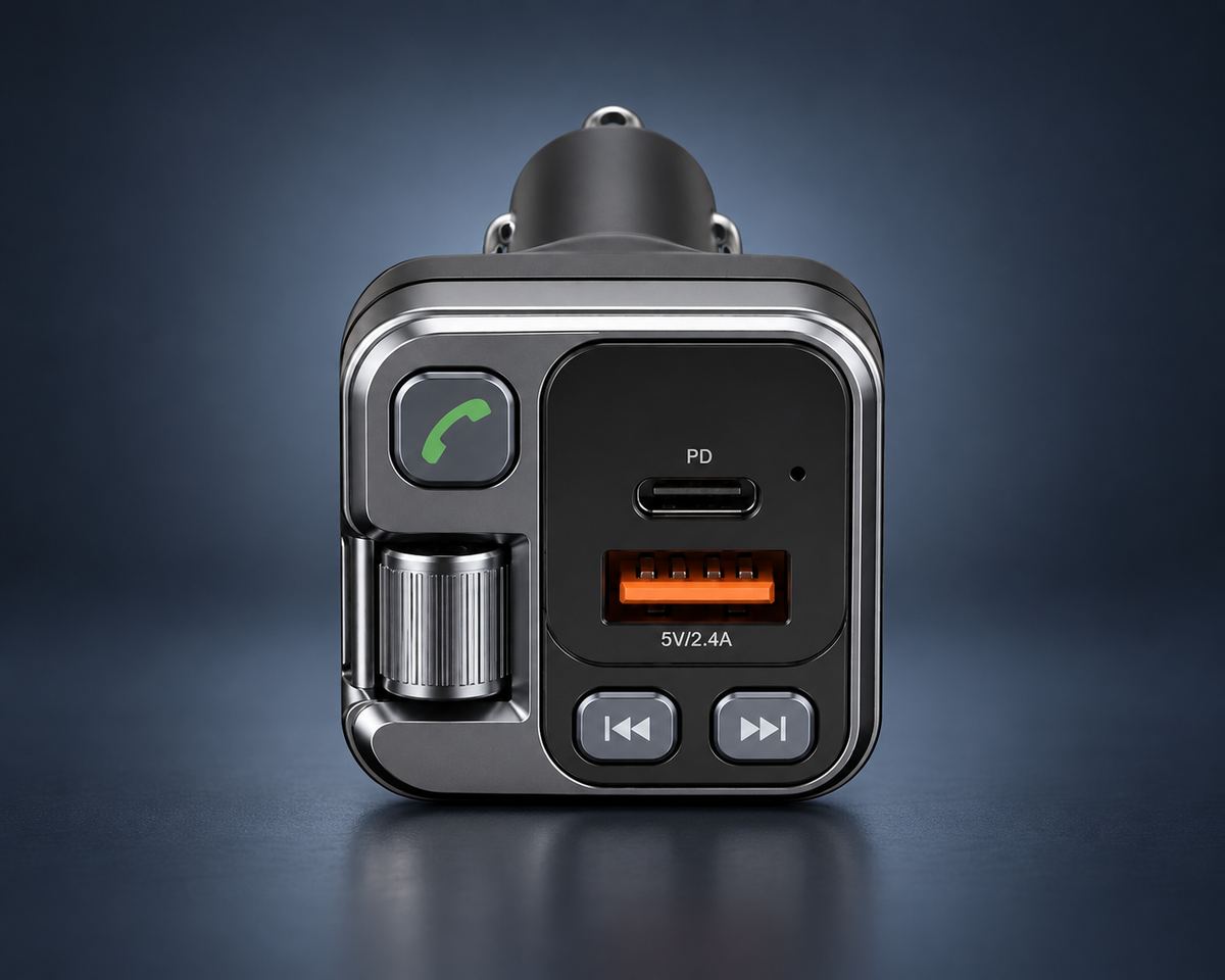 Transmetteur FM Bluetooth 5.1 avec charge rapide PD 20W présenté sur fond studio bleu nuit.