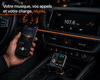 Transmetteur FM Bluetooth voiture avec charge rapide USB-C PD 20W, appels mains libres et lecture audio sur autoradio via FM.