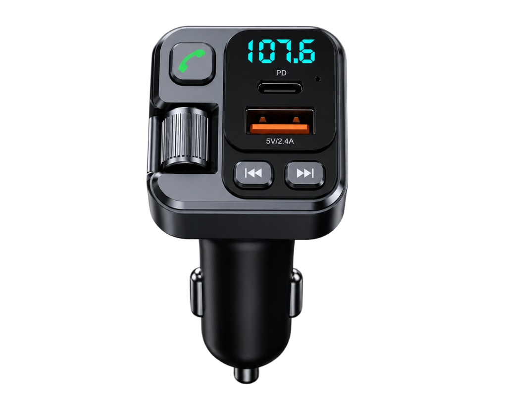 Transmetteur FM Bluetooth voiture avec charge rapide USB-C PD 20W, appels mains libres et lecture audio sur autoradio via FM.